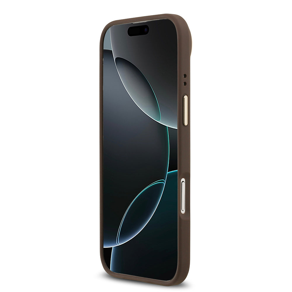 Apple iPhone 17 Air Kılıf Guess Orjinal Lisanslı M-safe Şarj Özellikli Gold Metal Kamera Çerçeveli PU Deri 4G Desenli Yazı Logolu Kapak Siyah