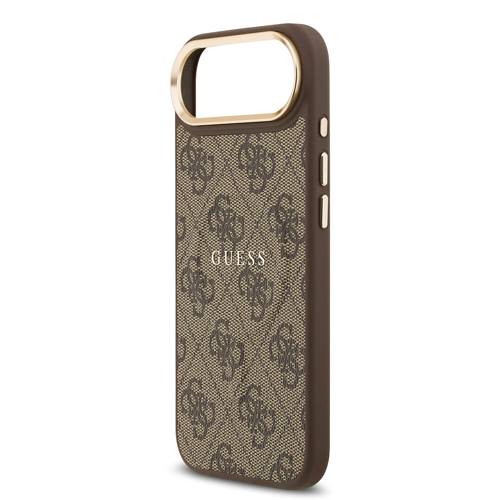 Apple iPhone 17 Air Kılıf Guess Orjinal Lisanslı M-safe Şarj Özellikli Gold Metal Kamera Çerçeveli PU Deri 4G Desenli Yazı Logolu Kapak Siyah