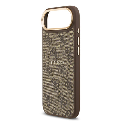 Apple iPhone 17 Air Kılıf Guess Orjinal Lisanslı M-safe Şarj Özellikli Gold Metal Kamera Çerçeveli PU Deri 4G Desenli Yazı Logolu Kapak Siyah