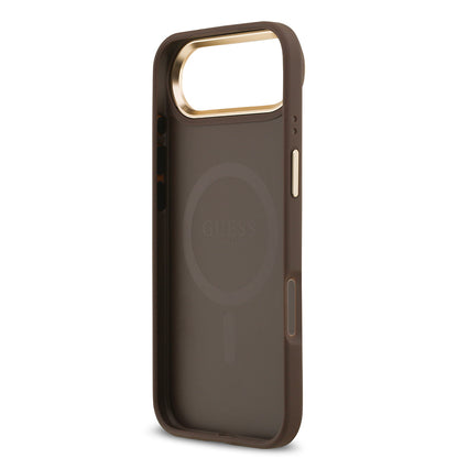 Apple iPhone 17 Air Kılıf Guess Orjinal Lisanslı M-safe Şarj Özellikli Gold Metal Kamera Çerçeveli PU Deri 4G Desenli Yazı Logolu Kapak Siyah
