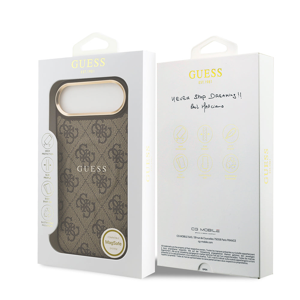 Apple iPhone 17 Air Kılıf Guess Orjinal Lisanslı M-safe Şarj Özellikli Gold Metal Kamera Çerçeveli PU Deri 4G Desenli Yazı Logolu Kapak Siyah