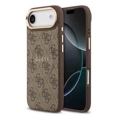 Apple iPhone 17 Air Kılıf Guess Orjinal Lisanslı M-safe Şarj Özellikli Gold Metal Kamera Çerçeveli PU Deri 4G Desenli Yazı Logolu Kapak Siyah