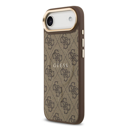 Apple iPhone 17 Air Kılıf Guess Orjinal Lisanslı M-safe Şarj Özellikli Gold Metal Kamera Çerçeveli PU Deri 4G Desenli Yazı Logolu Kapak Siyah