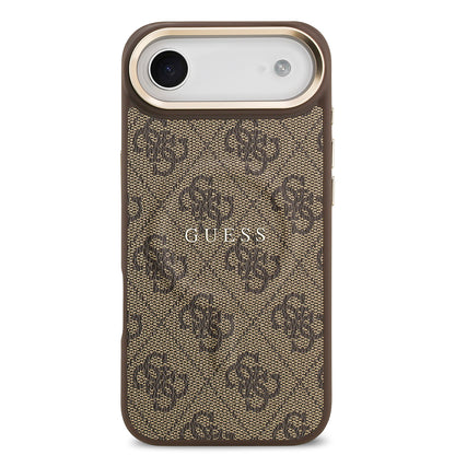 Apple iPhone 17 Air Kılıf Guess Orjinal Lisanslı M-safe Şarj Özellikli Gold Metal Kamera Çerçeveli PU Deri 4G Desenli Yazı Logolu Kapak Siyah