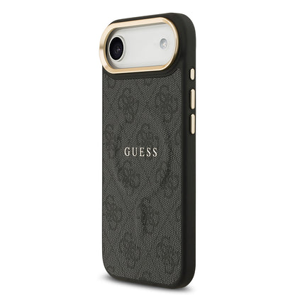 Apple iPhone 17 Air Kılıf Guess Orjinal Lisanslı M-safe Şarj Özellikli Gold Metal Kamera Çerçeveli PU Deri 4G Desenli Yazı Logolu Kapak Siyah