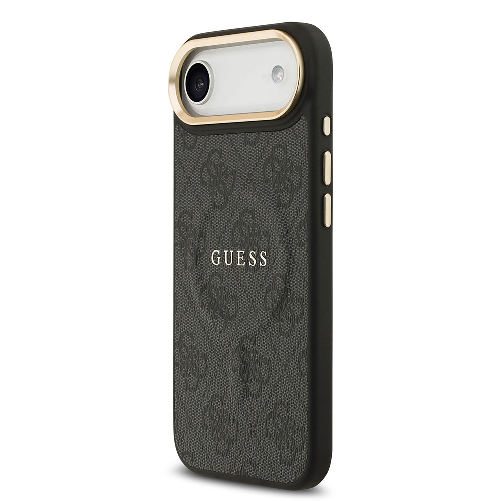 Apple iPhone 17 Air Case Guess Original Licensed M-safe Charging Feature Gold Metal Camera Frame PU Leather 4G Patterned Text Logo Cover Pink