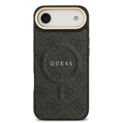 Apple iPhone 17 Air Kılıf Guess Orjinal Lisanslı M-safe Şarj Özellikli Gold Metal Kamera Çerçeveli PU Deri 4G Desenli Yazı Logolu Kapak Siyah