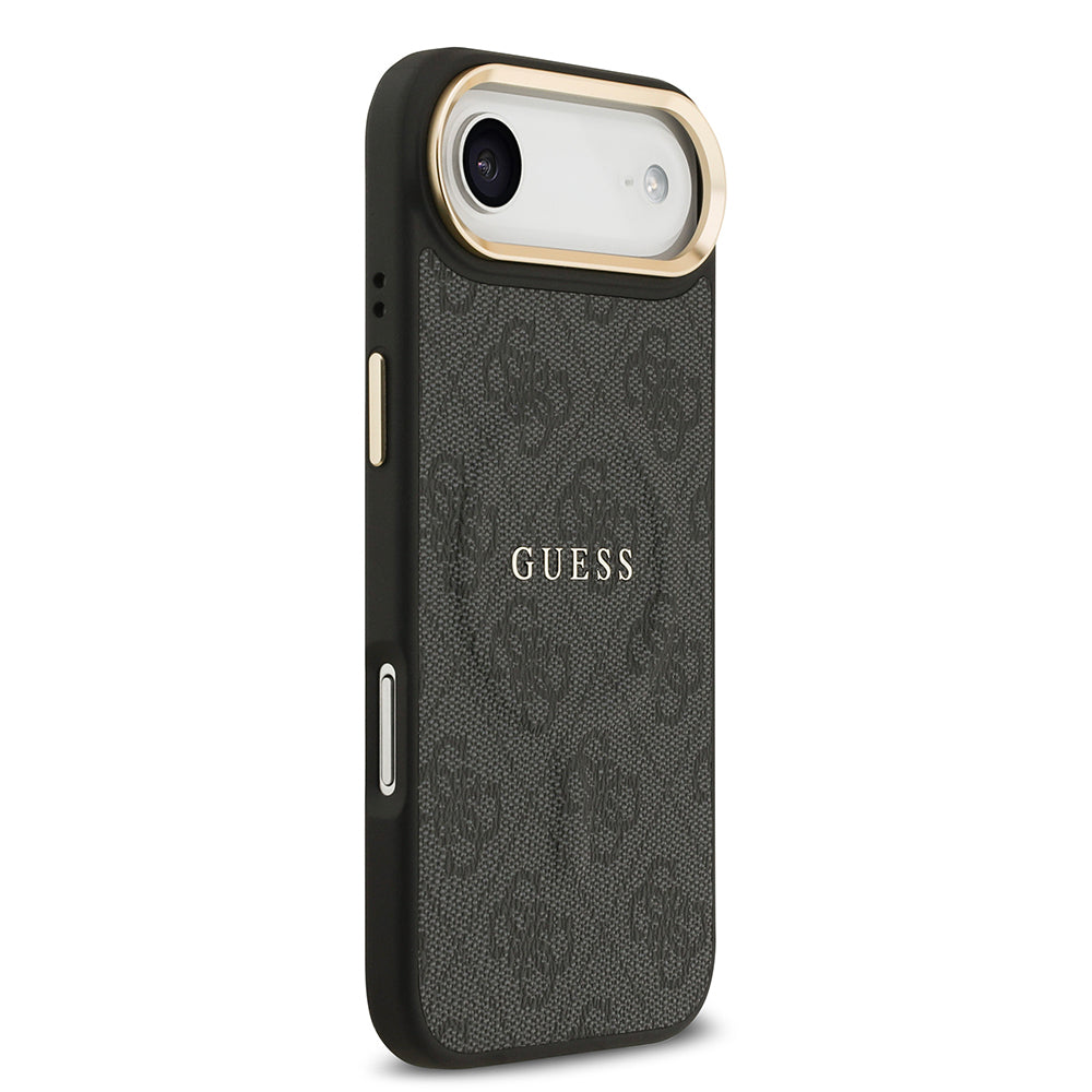 Apple iPhone 17 Air Kılıf Guess Orjinal Lisanslı M-safe Şarj Özellikli Gold Metal Kamera Çerçeveli PU Deri 4G Desenli Yazı Logolu Kapak Siyah