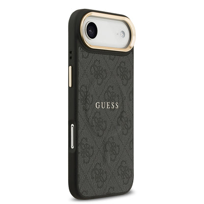 Apple iPhone 17 Air Kılıf Guess Orjinal Lisanslı M-safe Şarj Özellikli Gold Metal Kamera Çerçeveli PU Deri 4G Desenli Yazı Logolu Kapak Siyah