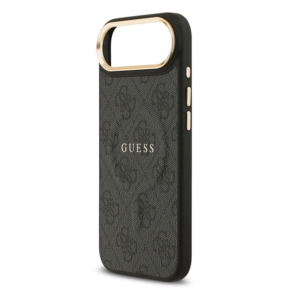 Apple iPhone 17 Air Kılıf Guess Orjinal Lisanslı M-safe Şarj Özellikli Gold Metal Kamera Çerçeveli PU Deri 4G Desenli Yazı Logolu Kapak Siyah