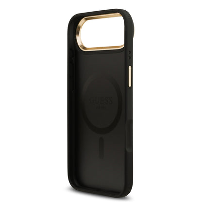 Apple iPhone 17 Air Kılıf Guess Orjinal Lisanslı M-safe Şarj Özellikli Gold Metal Kamera Çerçeveli PU Deri 4G Desenli Yazı Logolu Kapak Siyah