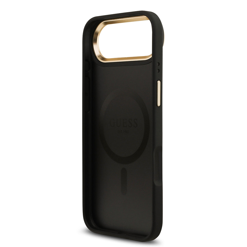 Apple iPhone 17 Air Case Guess Original Licensed M-safe Charging Feature Gold Metal Camera Frame PU Leather 4G Patterned Text Logo Cover Black