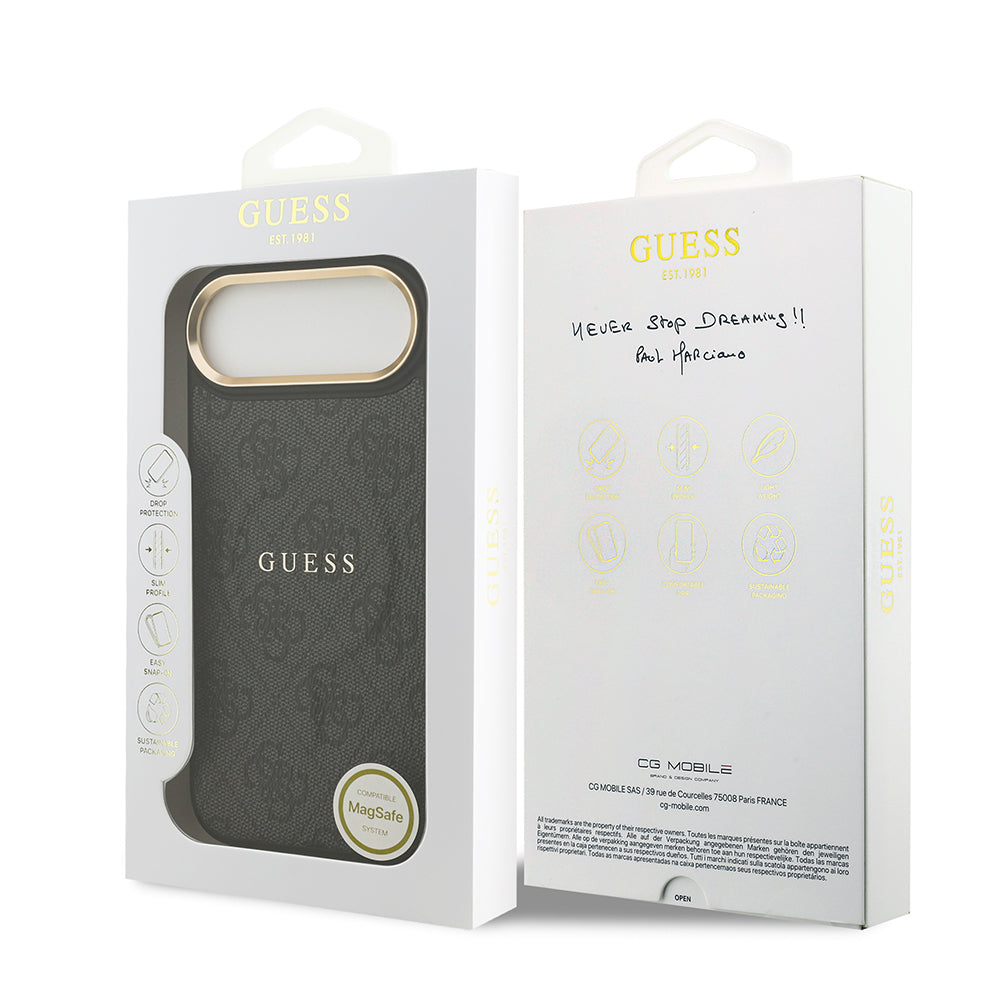 Apple iPhone 17 Air Kılıf Guess Orjinal Lisanslı M-safe Şarj Özellikli Gold Metal Kamera Çerçeveli PU Deri 4G Desenli Yazı Logolu Kapak Siyah