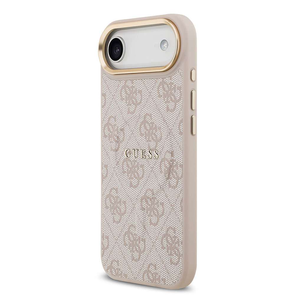Apple iPhone 17 Air Kılıf Guess Orjinal Lisanslı M-safe Şarj Özellikli Gold Metal Kamera Çerçeveli PU Deri 4G Desenli Yazı Logolu Kapak Siyah