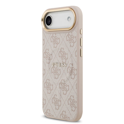 Apple iPhone 17 Air Kılıf Guess Orjinal Lisanslı M-safe Şarj Özellikli Gold Metal Kamera Çerçeveli PU Deri 4G Desenli Yazı Logolu Kapak Siyah