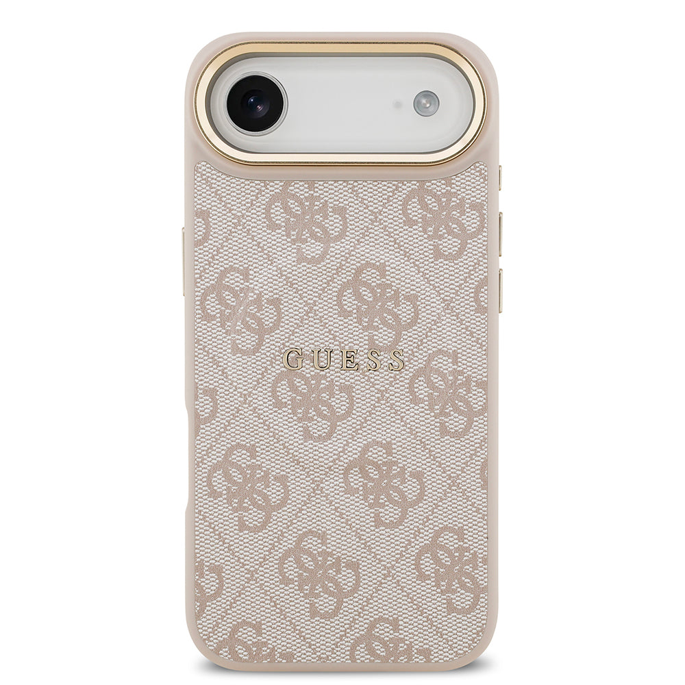Apple iPhone 17 Air Kılıf Guess Orjinal Lisanslı M-safe Şarj Özellikli Gold Metal Kamera Çerçeveli PU Deri 4G Desenli Yazı Logolu Kapak Siyah