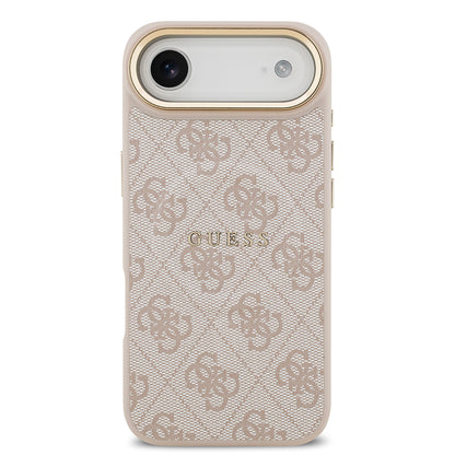 Apple iPhone 17 Air Kılıf Guess Orjinal Lisanslı M-safe Şarj Özellikli Gold Metal Kamera Çerçeveli PU Deri 4G Desenli Yazı Logolu Kapak Siyah