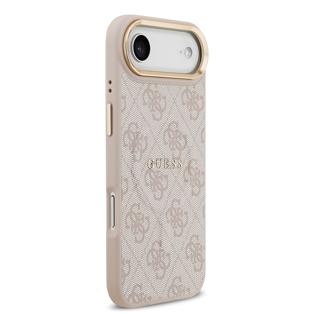 Apple iPhone 17 Air Kılıf Guess Orjinal Lisanslı M-safe Şarj Özellikli Gold Metal Kamera Çerçeveli PU Deri 4G Desenli Yazı Logolu Kapak Siyah