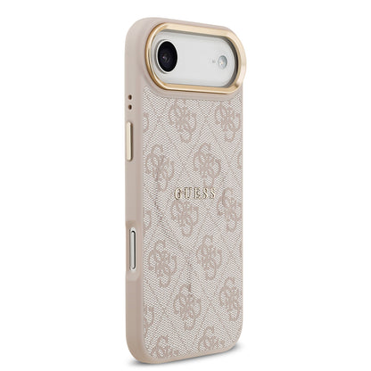 Apple iPhone 17 Air Kılıf Guess Orjinal Lisanslı M-safe Şarj Özellikli Gold Metal Kamera Çerçeveli PU Deri 4G Desenli Yazı Logolu Kapak Siyah