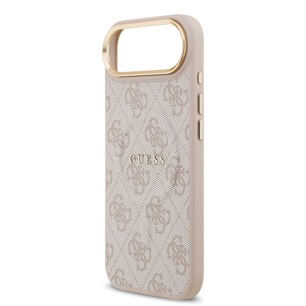 Apple iPhone 17 Air Kılıf Guess Orjinal Lisanslı M-safe Şarj Özellikli Gold Metal Kamera Çerçeveli PU Deri 4G Desenli Yazı Logolu Kapak Siyah