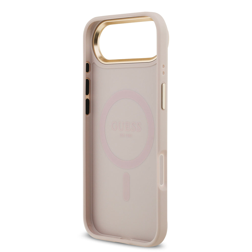 Apple iPhone 17 Air Kılıf Guess Orjinal Lisanslı M-safe Şarj Özellikli Gold Metal Kamera Çerçeveli PU Deri 4G Desenli Yazı Logolu Kapak Siyah