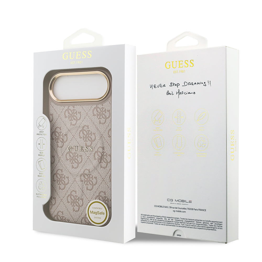 Apple iPhone 17 Air Kılıf Guess Orjinal Lisanslı M-safe Şarj Özellikli Gold Metal Kamera Çerçeveli PU Deri 4G Desenli Yazı Logolu Kapak Siyah