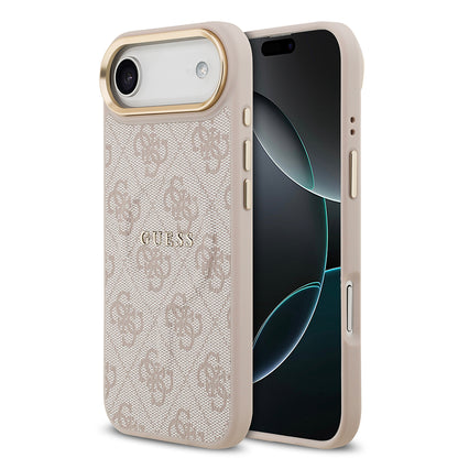 Apple iPhone 17 Air Kılıf Guess Orjinal Lisanslı M-safe Şarj Özellikli Gold Metal Kamera Çerçeveli PU Deri 4G Desenli Yazı Logolu Kapak Siyah