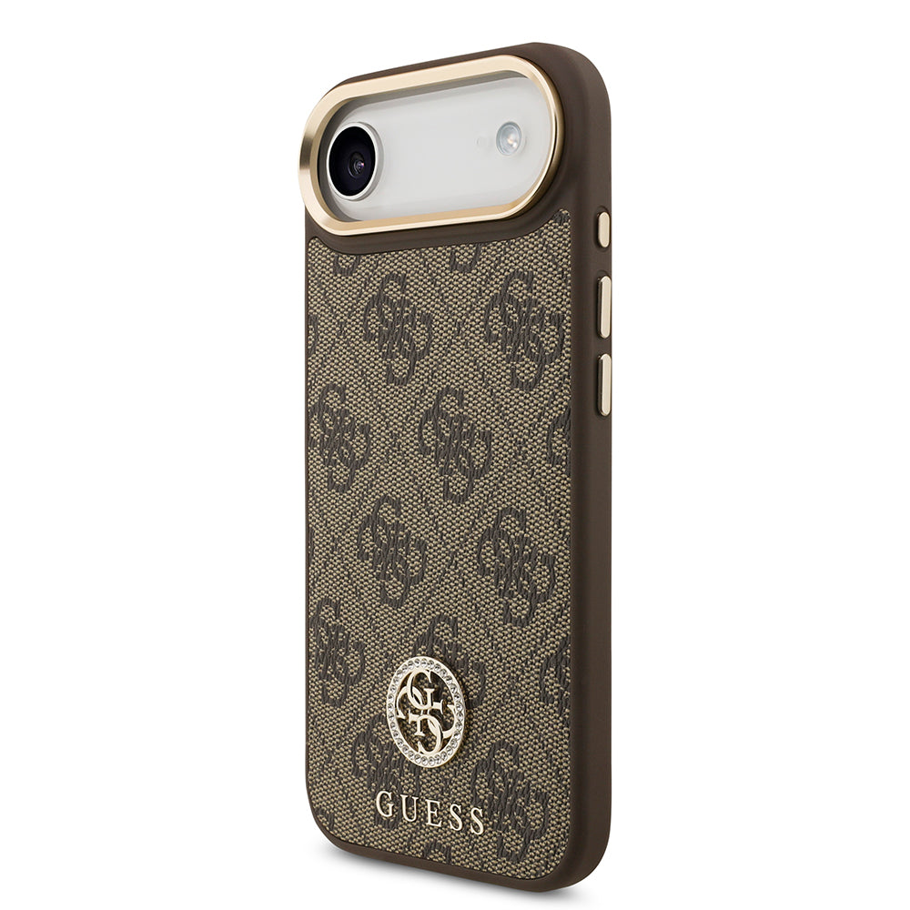 Apple iPhone 17 Air Kılıf Guess Orjinal Lisanslı M-safe Şarj Özellikli Gold Metal Kamera Çerçeveli Taşlı 4G Logolu Kapak Siyah