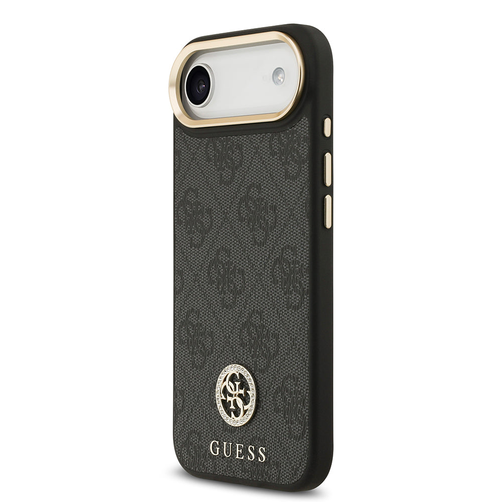 Apple iPhone 17 Air Kılıf Guess Orjinal Lisanslı M-safe Şarj Özellikli Gold Metal Kamera Çerçeveli Taşlı 4G Logolu Kapak Siyah