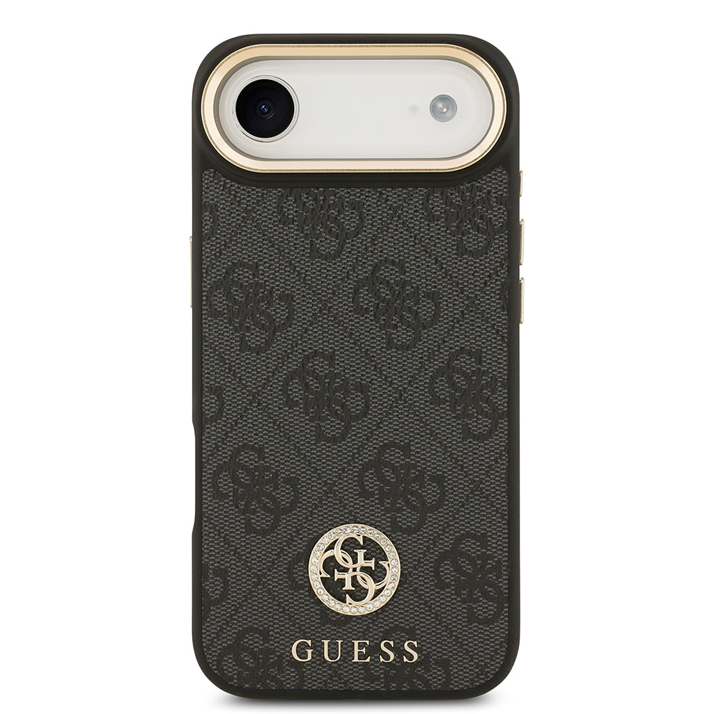 Apple iPhone 17 Air Kılıf Guess Orjinal Lisanslı M-safe Şarj Özellikli Gold Metal Kamera Çerçeveli Taşlı 4G Logolu Kapak Siyah