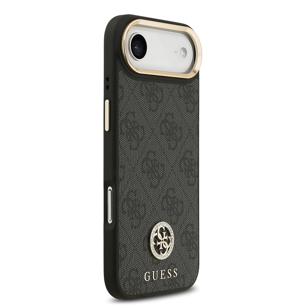 Apple iPhone 17 Air Kılıf Guess Orjinal Lisanslı M-safe Şarj Özellikli Gold Metal Kamera Çerçeveli Taşlı 4G Logolu Kapak Siyah