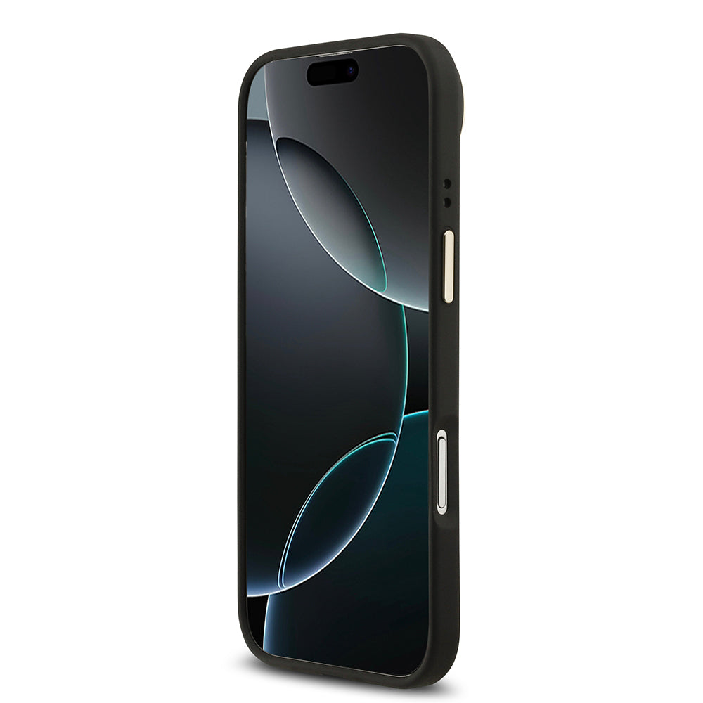 Apple iPhone 17 Air Kılıf Guess Orjinal Lisanslı M-safe Şarj Özellikli Gold Metal Kamera Çerçeveli Taşlı 4G Logolu Kapak Siyah