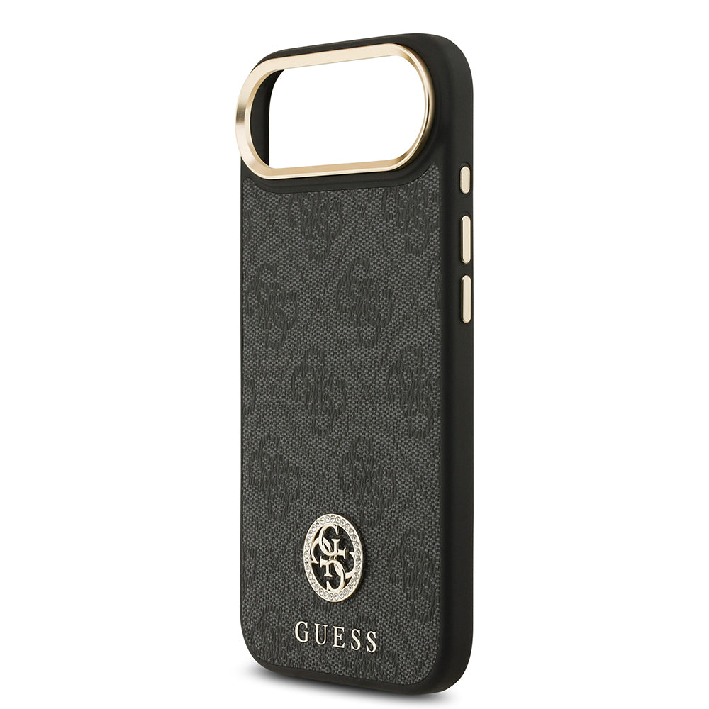 Apple iPhone 17 Air Kılıf Guess Orjinal Lisanslı M-safe Şarj Özellikli Gold Metal Kamera Çerçeveli Taşlı 4G Logolu Kapak Siyah