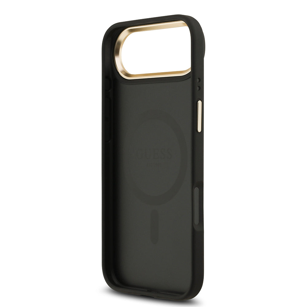 Apple iPhone 17 Air Kılıf Guess Orjinal Lisanslı M-safe Şarj Özellikli Gold Metal Kamera Çerçeveli Taşlı 4G Logolu Kapak Siyah