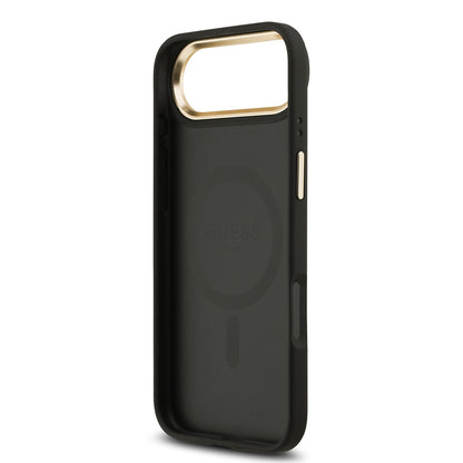 Apple iPhone 17 Air Kılıf Guess Orjinal Lisanslı M-safe Şarj Özellikli Gold Metal Kamera Çerçeveli Taşlı 4G Logolu Kapak Siyah