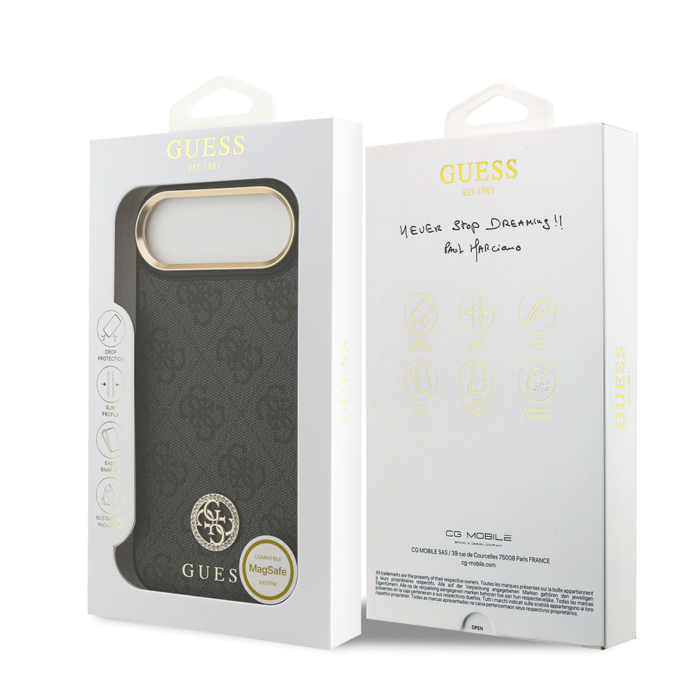 Apple iPhone 17 Air Kılıf Guess Orjinal Lisanslı M-safe Şarj Özellikli Gold Metal Kamera Çerçeveli Taşlı 4G Logolu Kapak Siyah