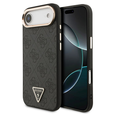 Apple iPhone 17 Air Kılıf Guess Orjinal Lisanslı M-safe Şarj Özellikli Gold Metal Kamera Çerçeveli Taşlı Üçgen Logo 4G Desenli Kapak Kahverengi