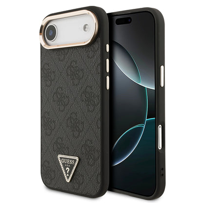 Apple iPhone 17 Air Kılıf Guess Orjinal Lisanslı M-safe Şarj Özellikli Gold Metal Kamera Çerçeveli Taşlı Üçgen Logo 4G Desenli Kapak Kahverengi