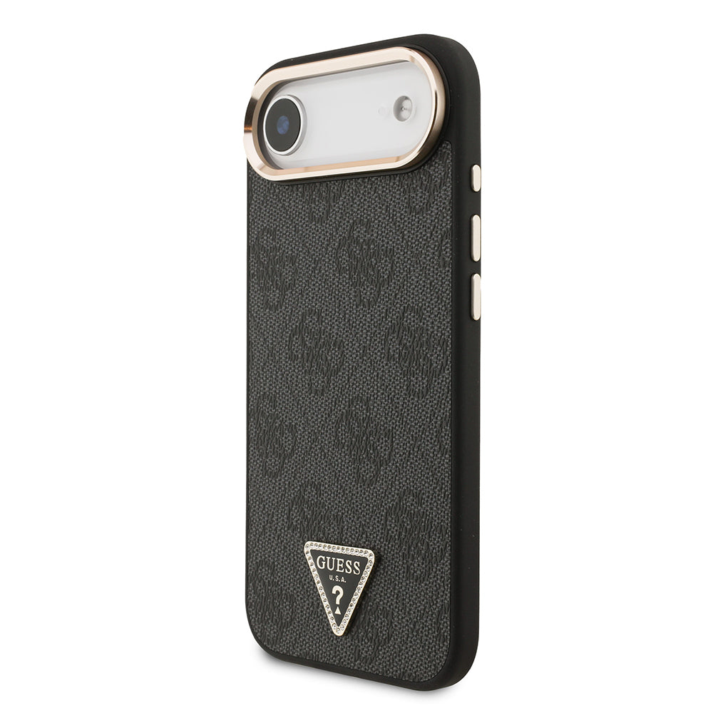 Apple iPhone 17 Air Kılıf Guess Orjinal Lisanslı M-safe Şarj Özellikli Gold Metal Kamera Çerçeveli Taşlı Üçgen Logo 4G Desenli Kapak Kahverengi