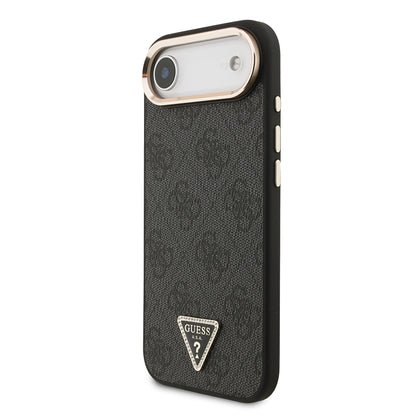 Apple iPhone 17 Air Kılıf Guess Orjinal Lisanslı M-safe Şarj Özellikli Gold Metal Kamera Çerçeveli Taşlı Üçgen Logo 4G Desenli Kapak Kahverengi