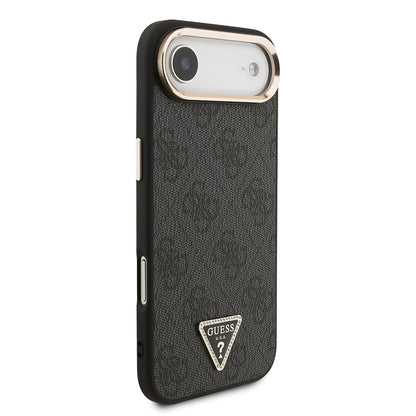 Apple iPhone 17 Air Kılıf Guess Orjinal Lisanslı M-safe Şarj Özellikli Gold Metal Kamera Çerçeveli Taşlı Üçgen Logo 4G Desenli Kapak Kahverengi