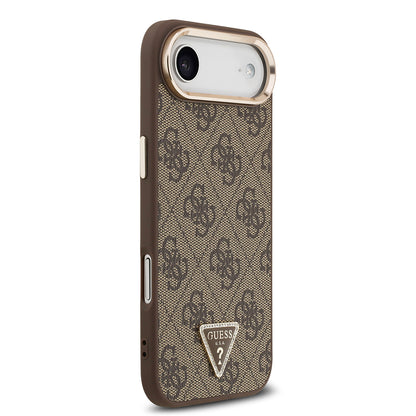 Apple iPhone 17 Air Kılıf Guess Orjinal Lisanslı M-safe Şarj Özellikli Gold Metal Kamera Çerçeveli Taşlı Üçgen Logo 4G Desenli Kapak Kahverengi