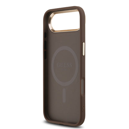 Apple iPhone 17 Air Kılıf Guess Orjinal Lisanslı M-safe Şarj Özellikli Gold Metal Kamera Çerçeveli Taşlı Üçgen Logo 4G Desenli Kapak Siyah