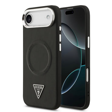 Apple iPhone 17 Air Case Guess Original Licensed M-safe Charging Feature PU Leather Metal Camera Frame Triangle Logo Cover Black