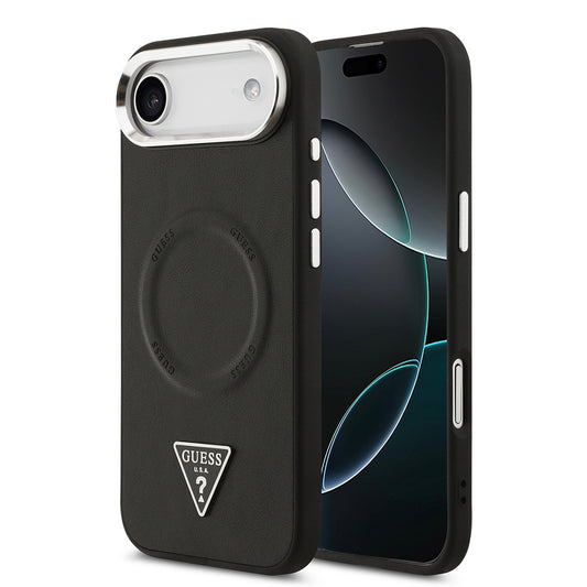 Apple iPhone 17 Air Case Guess Original Licensed M-safe Charging Feature PU Leather Metal Camera Frame Triangle Logo Cover Black
