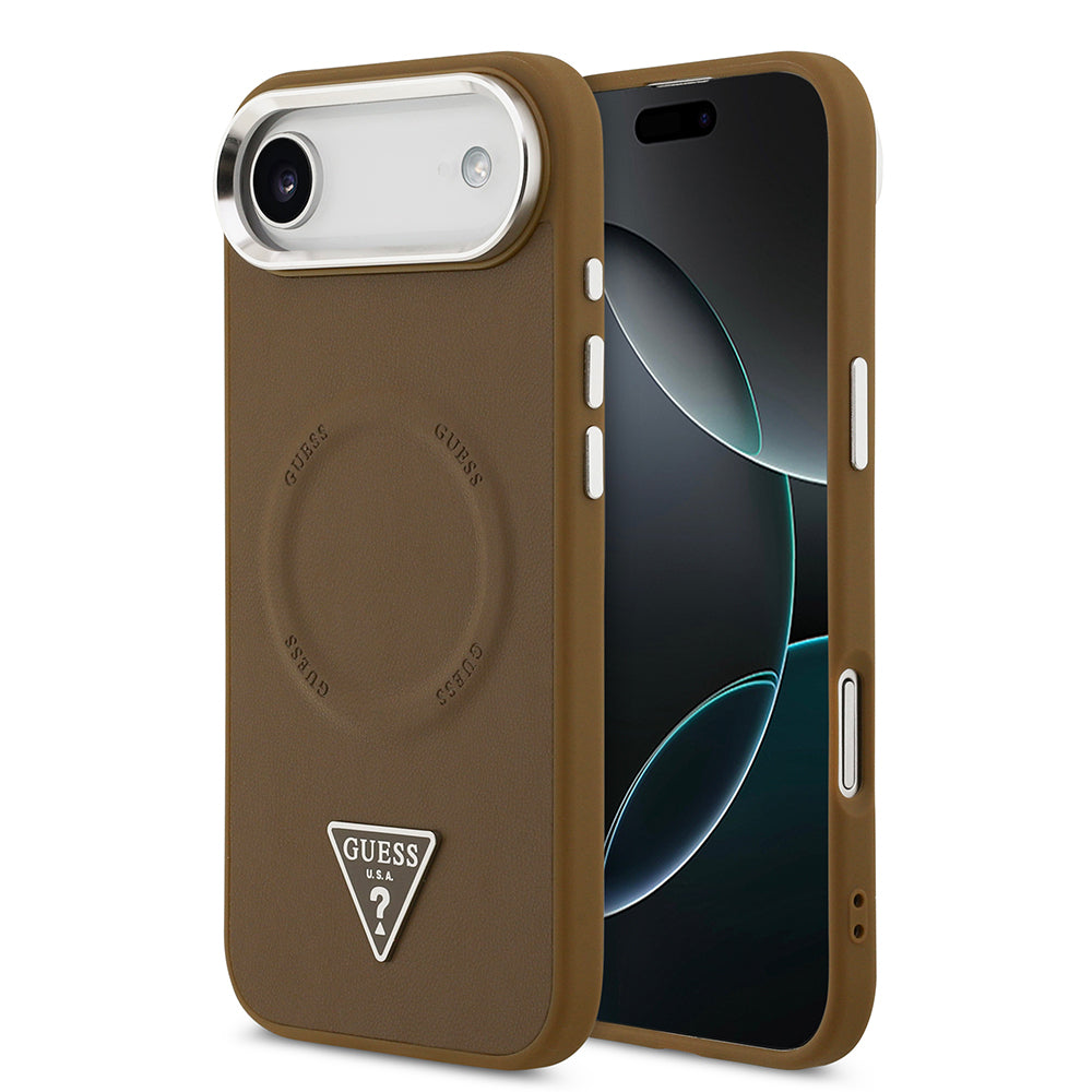 Apple iPhone 17 Air Kılıf Guess Orjinal Lisanslı M-safe Şarj Özellikli PU Deri Metal Kamera Çerçeveli Üçgen Logolu Kapak