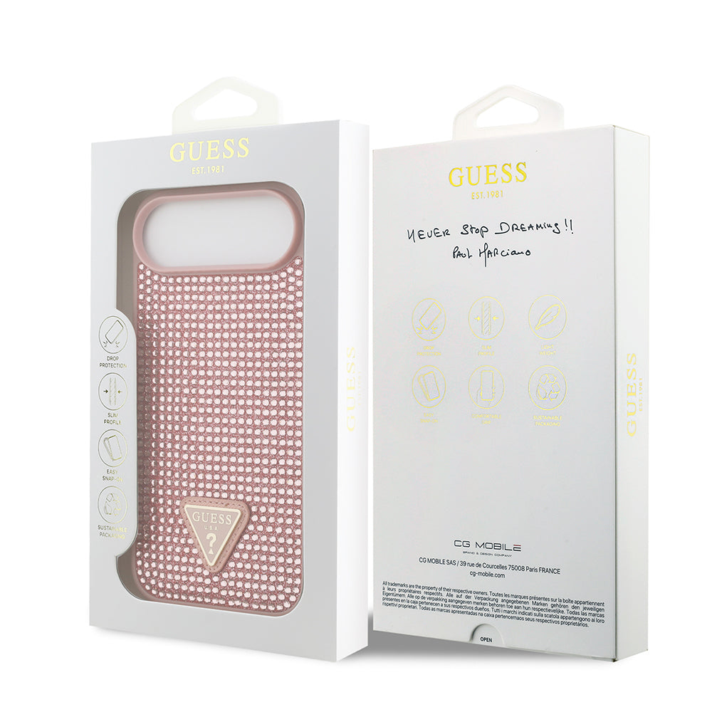 Apple iPhone 17 Air Kılıf Guess Orjinal Lisanslı Taşlı Arka Yüzey Üçgen Logolu Kapak Pembe