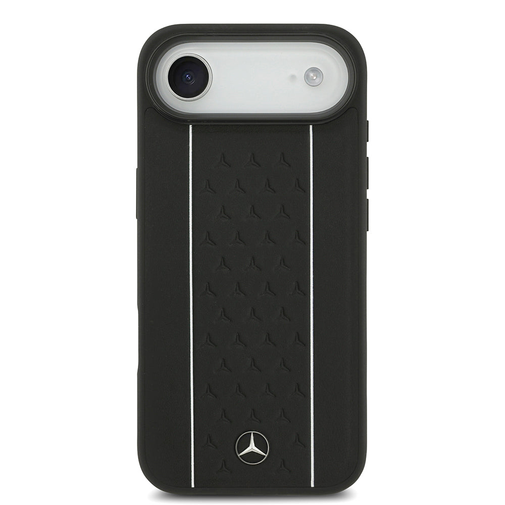 Apple iPhone 17 Air Case Mercedes Benz Original Licensed M-Safe Charging Feature Striped Star Patterned Metal Logo Leather Cover Black 
