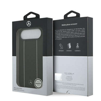 Apple iPhone 17 Air Kılıf Mercedes Benz Orjinal Lisanslı M-safe Şarj Özellikli Şeritli Yıldız Desenli Metal Logolu Deri Kapak Siyah