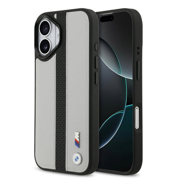 Apple iPhone 17 Kılıf BMW Orjinal Lisanslı M-safe Şarj Özellikli Deri Arka Yüzey Metal Logolu Delikli Şerit Tasarımlı Kapak Gri